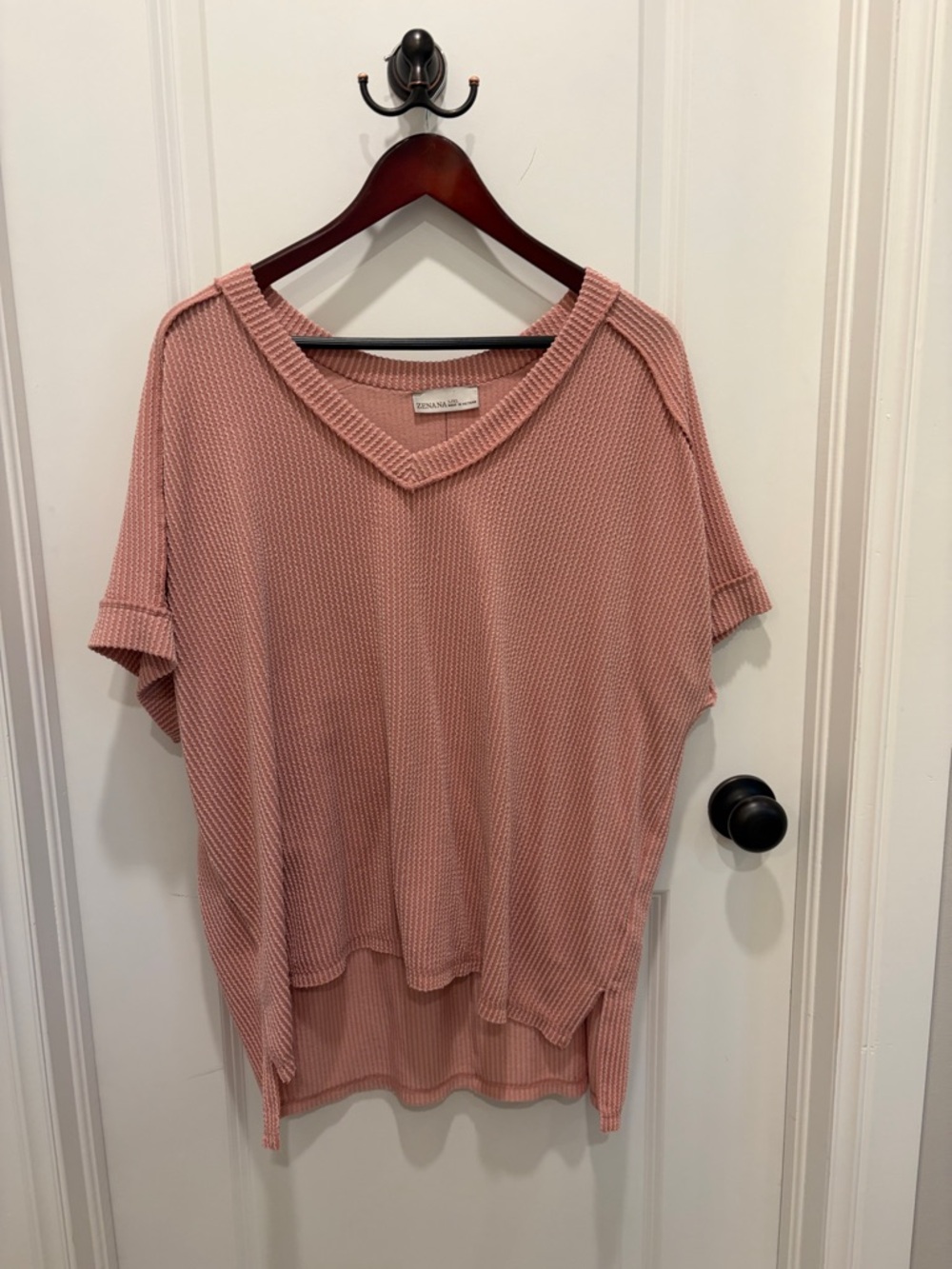 Zenana Dusty Rose Waffle Knit V-Neck Top